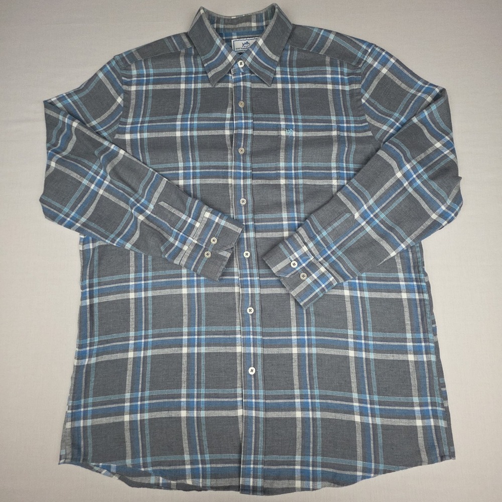 Southern Tide Classic Fit Hemp Blend Plaid Button Down Shirt Mens L Gray Blue